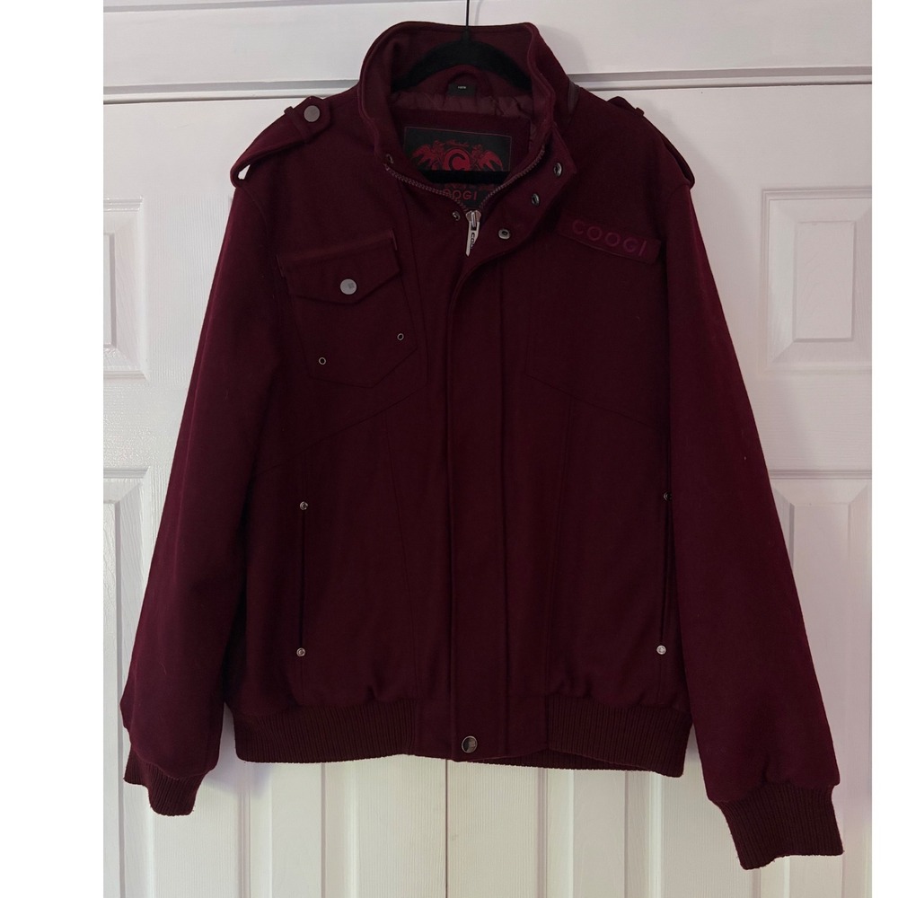 Coogi Australia Mens Wool Blend Bomber Jacket Burgundy Maroon Quilted XL